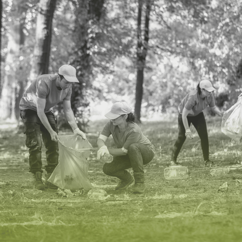 A group of people liter picking surrounded by trees