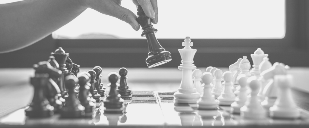 A close-up of a chess board